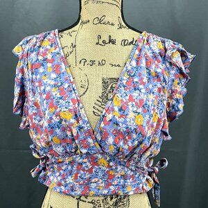 Free People Top Women M Floral Multicolor Crop V-Neck Tie‎ Flutter Short Sleeve